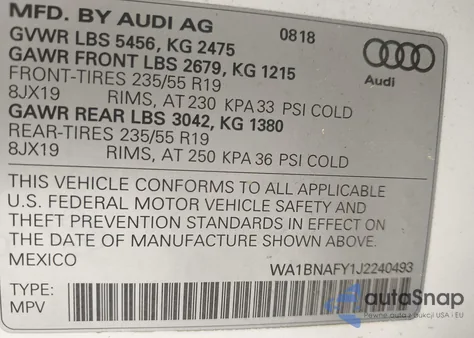 2018 Audi Q5 2.0T Tech Premium z USA, uszkodzony, nr VIN WA1BNAFY1J2240493